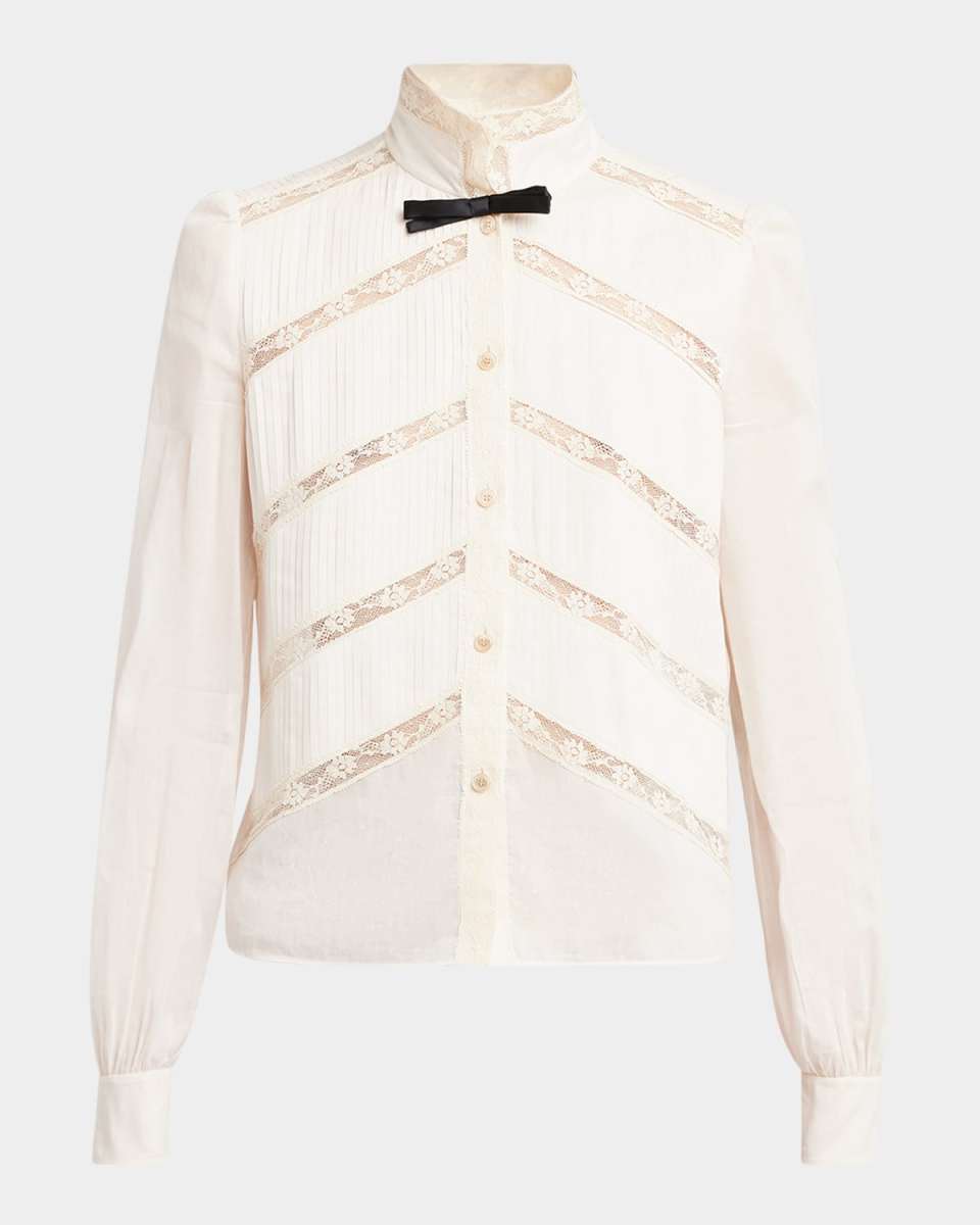 Lace-Inset Pintuck Cotton Blouse
